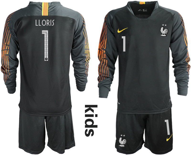 France 1 LLORIS 2 Star Black Youth Long Sleeve 2018 FIFA World Cup Goalkeeper Soccer Jersey