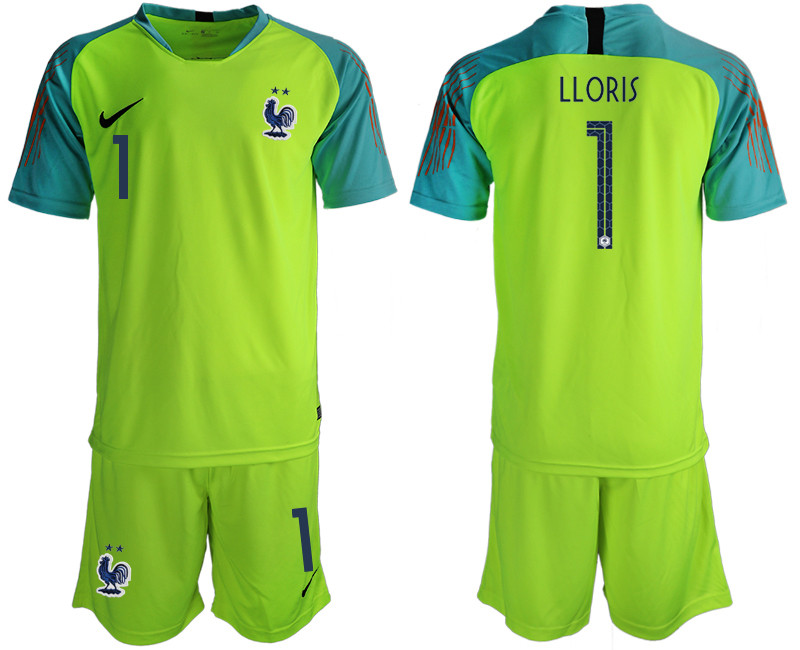 France 1 LLORIS 2 Star Fluorescent Green 2018 FIFA World Cup Goalkeeper Soccer Jersey