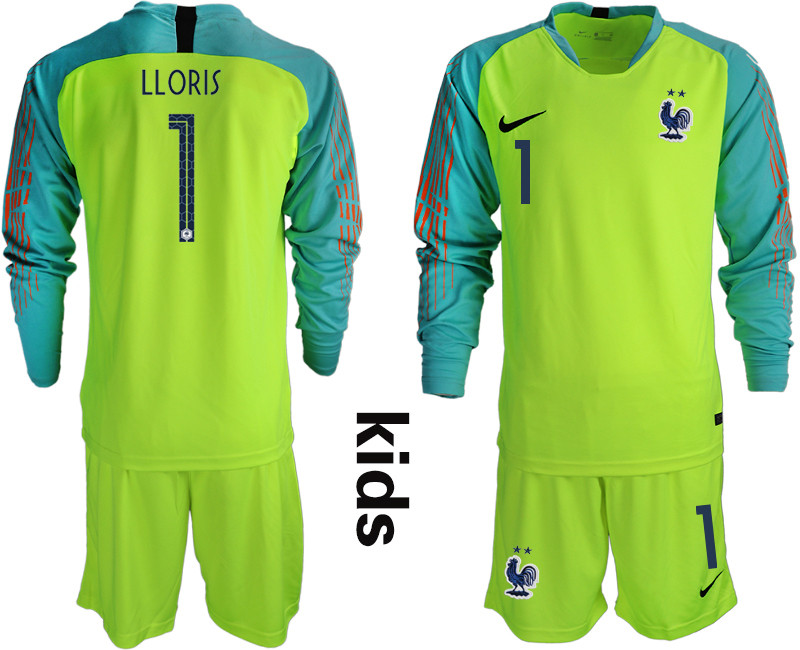 France 1 LLORIS 2 Star Fluorescent Green Youth Long Sleeve 2018 FIFA World Cup Goalkeeper Soccer Jersey