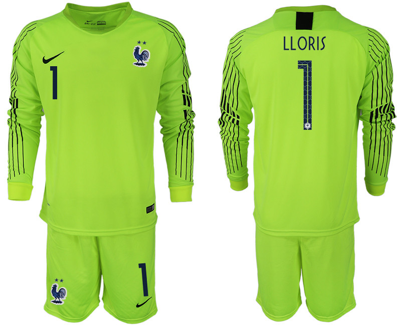France 1 LLORIS 2018 FIFA World Cup Fluorescent Green Goalkeeper Long Sleeve Soccer Jersey