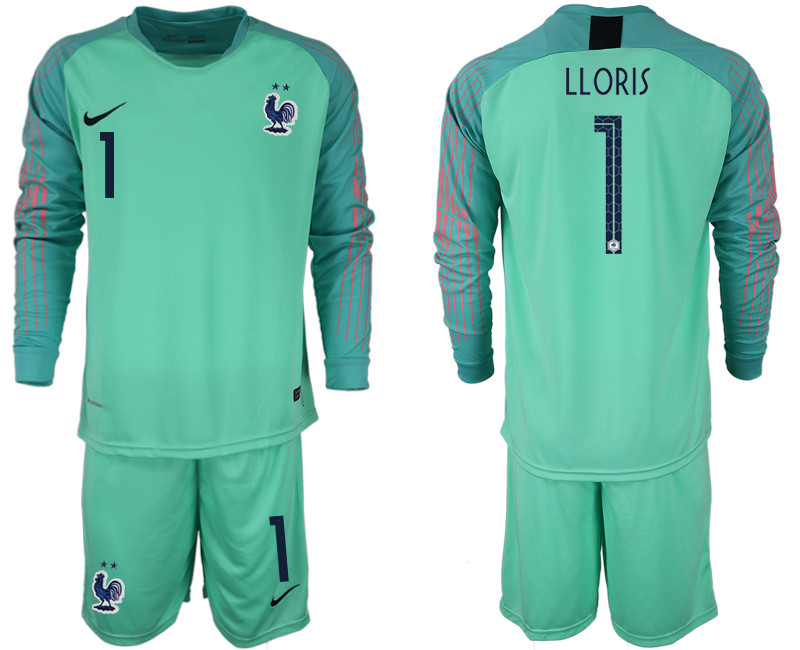 France 1 LLORIS 2018 FIFA World Cup Green Goalkeeper Long Sleeve Soccer Jersey