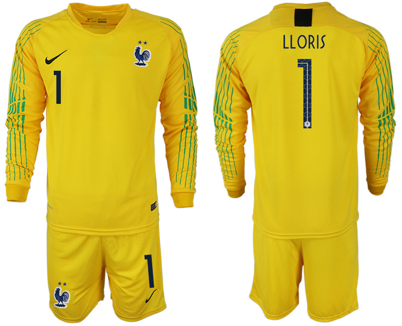 France 1 LLORIS 2018 FIFA World Cup Yellow Goalkeeper Long Sleeve Soccer Jersey