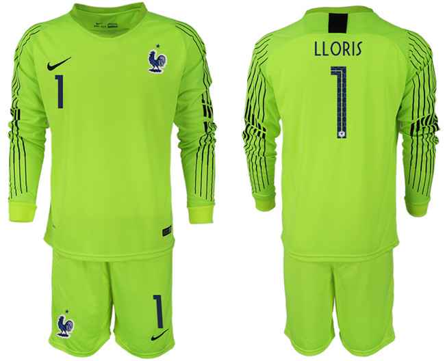 France 1 LLORIS Fluorescent Green 2018 FIFA World Cup Long Sleeve Soccer Jersey