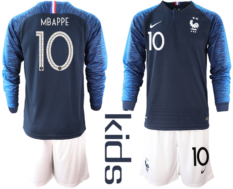 France 10 MBAPPE Home Youth 2018 FIFA World Cup Long Sleeve Soccer Jersey