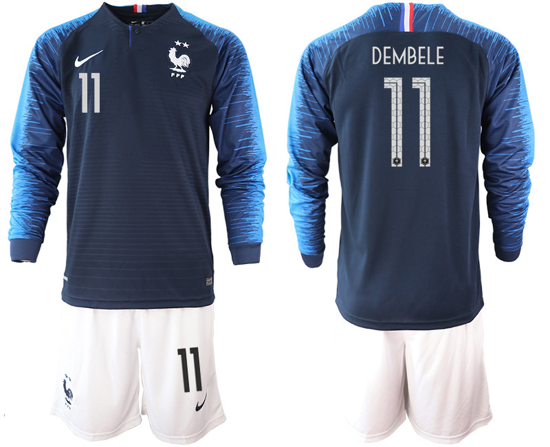 France 11 DEMBELE 2 Star Home Long Sleeve 2018 FIFA World Cup Soccer Jersey