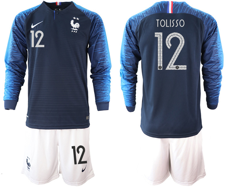 France 12 TOLISSO 2 Star Home Long Sleeve 2018 FIFA World Cup Soccer Jersey