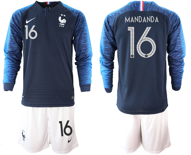 France 16 MANDANDA 2 Star Home Long Sleeve 2018 FIFA World Cup Soccer Jersey