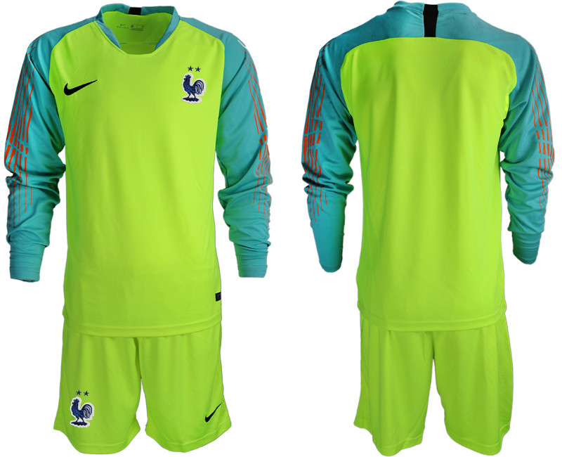 France 2 Star Fluorescent Green Long Sleeve 2018 FIFA World Cup Goalkeeper Soccer Jersey