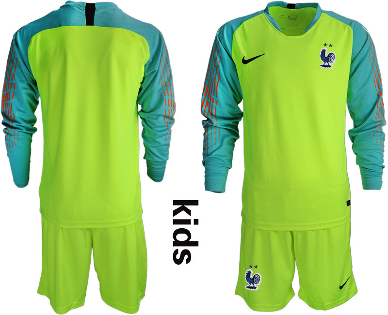 France 2 Star Fluorescent Green Youth Long Sleeve 2018 FIFA World Cup Goalkeeper Soccer Jersey