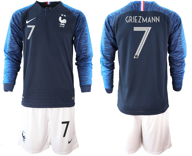 France 7 GRIEZMANN 2 Star Home Long Sleeve 2018 FIFA World Cup Soccer Jersey