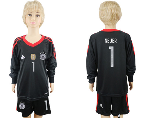 Germany 1 NEUER Black Goalkeeper 2018 World Cup Youth Long Sleeve Soccer Jersey