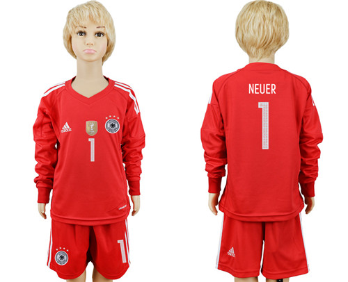 Germany 1 NEUER Red Goalkeeper 2018 World Cup Youth Long Sleeve Soccer Jersey