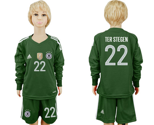 Germany 22 TER STEGEN Green Goalkeeper 2018 World Cup Youth Long Sleeve Soccer Jersey