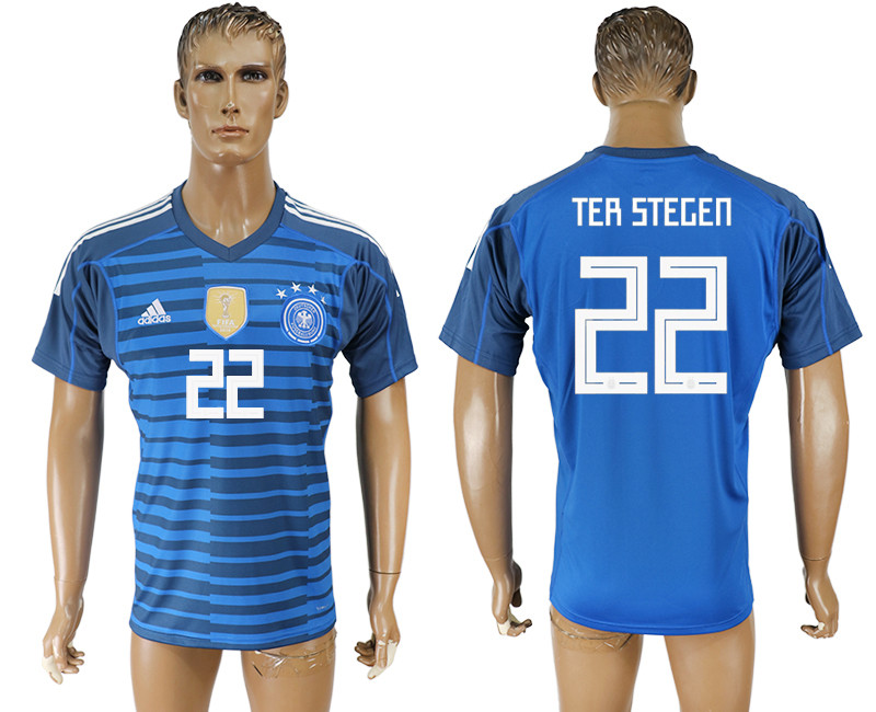 Germany 22 TER STEGEN Lake Blue Goalkeeper 2018 FIFA World Cup Thailand Soccer Jersey