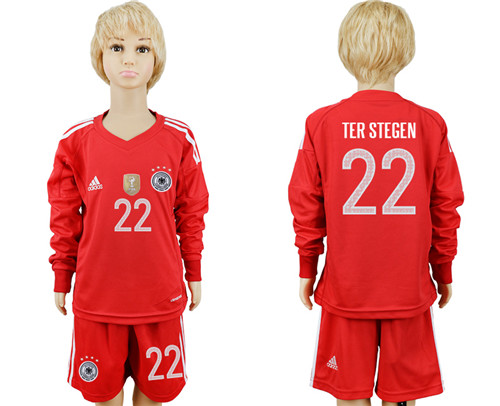 Germany 22 TER STEGEN Red Goalkeeper 2018 World Cup Youth Long Sleeve Soccer Jersey