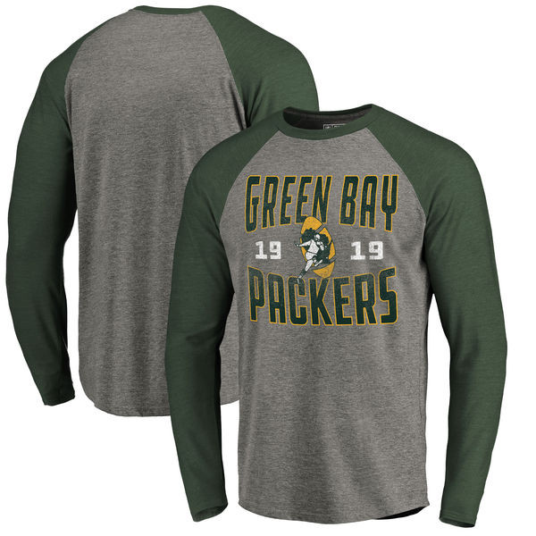 Green Bay Packers NFL Pro Line by Fanatics Branded Timeless Collection Antique Stack Long Sleeve Tri Blend Raglan T Shirt Ash