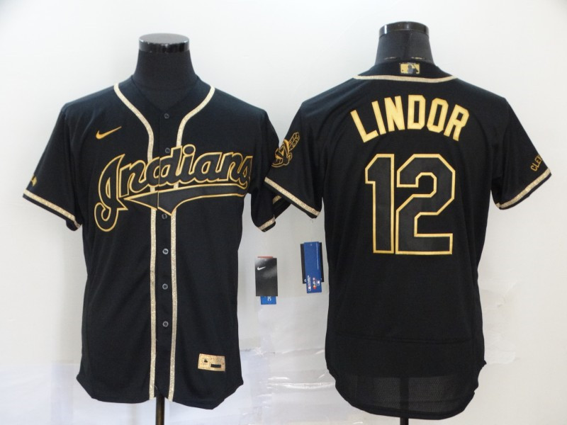 Indians 12 Francisco Lindor Black Gold 2020 Nike Flexbase Jersey