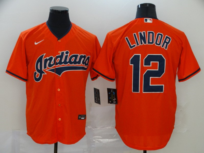 Indians 12 Francisco Lindor Orange 2020 Nike Cool Base Jersey