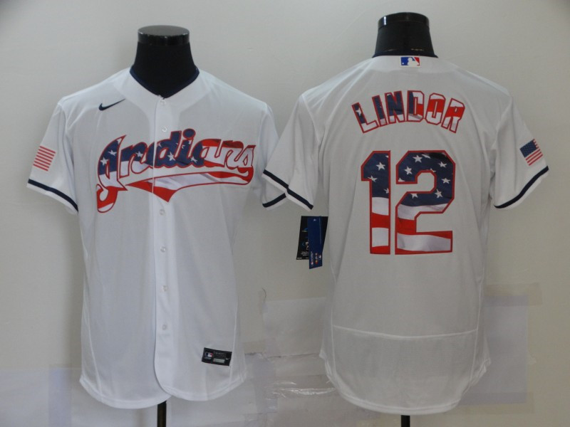 Indians 12 Francisco Lindor White USA Flag Fashion Nike Flexbase Jersey