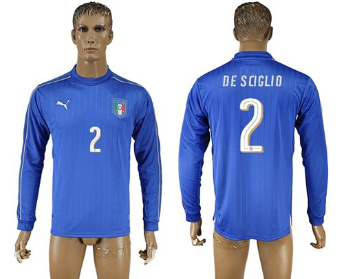 Italy 2 De Sciglio Blue Home Long Sleeves Soccer Country Jersey