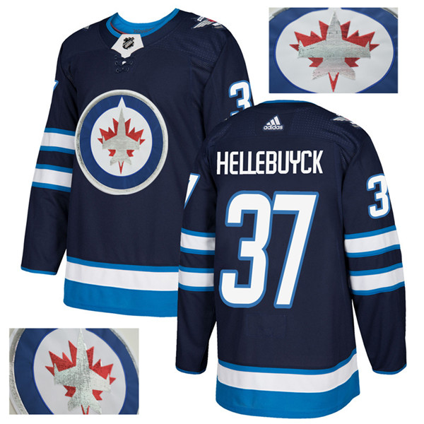 Jets 37 Connor Hellebuyck Navy With Special Glittery Logo  Jersey