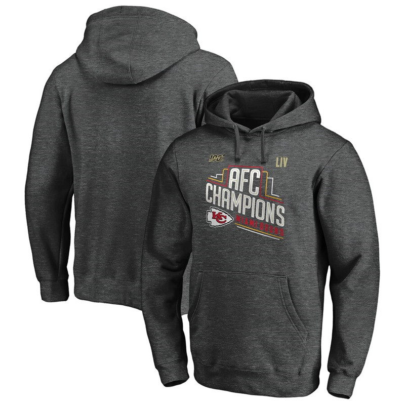 Kansas City Chiefs NFL Pro Line by Fanatics Branded 2019 AFC Champions Trophy Collection Locker Room Pullover Hoodie Heather Charcoal