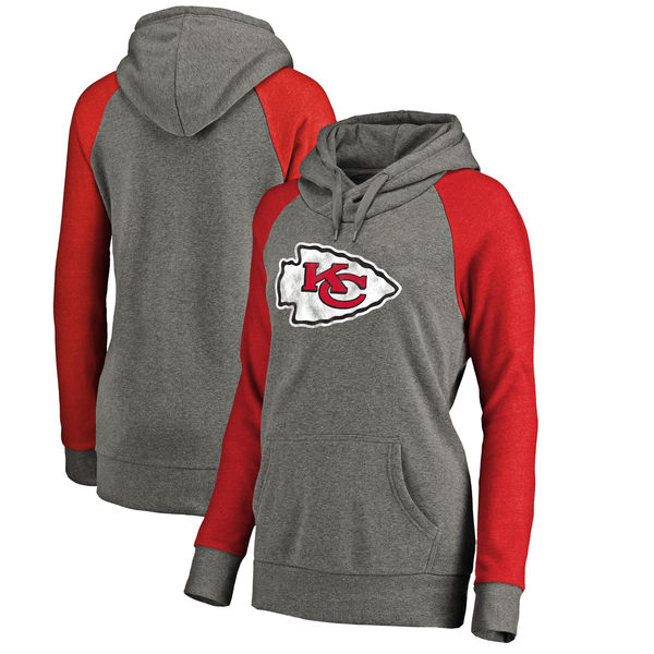 Kansas City Chiefs NFL Pro Line by Fanatics Branded Women's Throwback Logo Tri Blend Raglan Plus Size Pullover Hoodie Gray Red