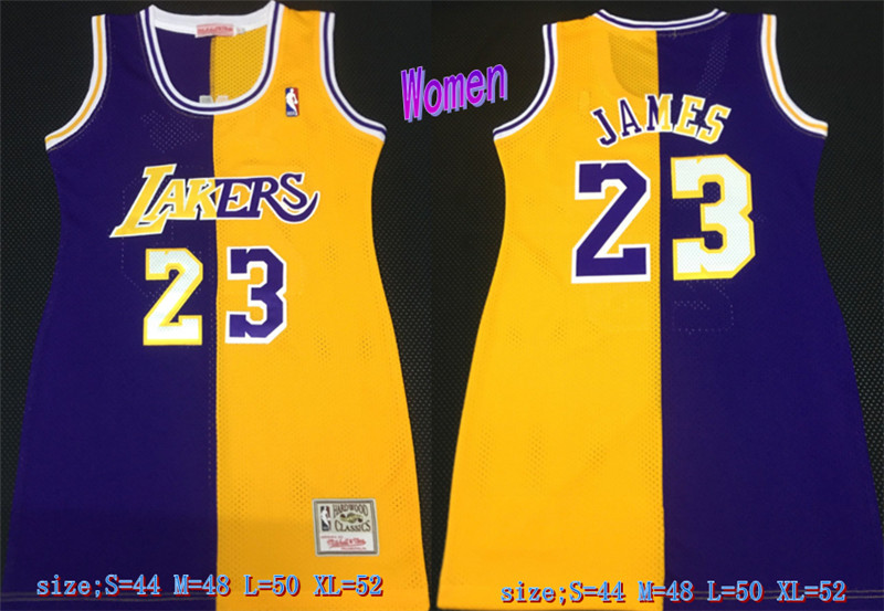 Lakers 23 LeBron James Split Purple Yellow Women Hardwood Classics Mesh Jersey