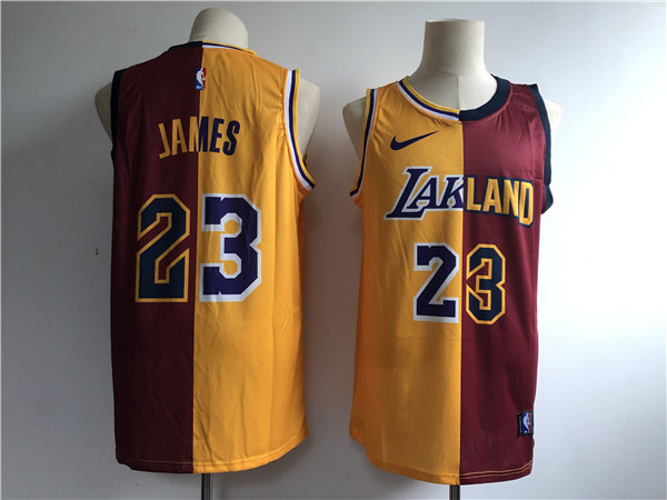 Lakers 23 Lebron James Gold Burgundy Split  Swingman Jersey