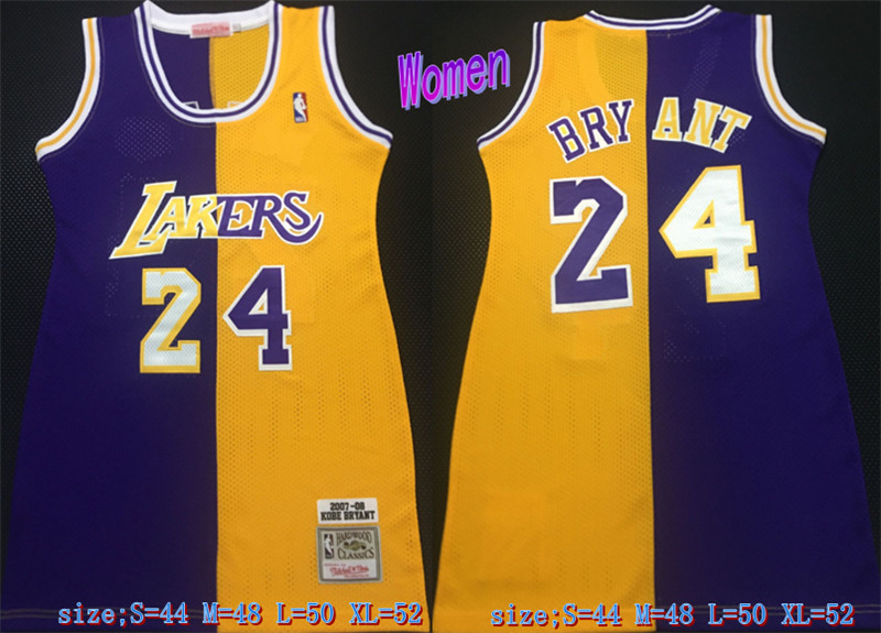Lakers 24 Kobe Bryant Split Yellow Purple Women 2007 08 Hardwood Classics Jersey