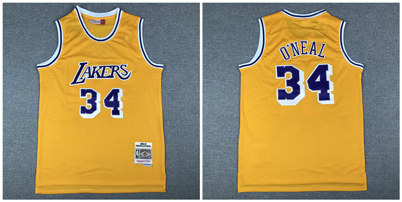 Lakers 34 Shaquille O'Neal Yellow 1996 97 Hardwood Classics Jersey