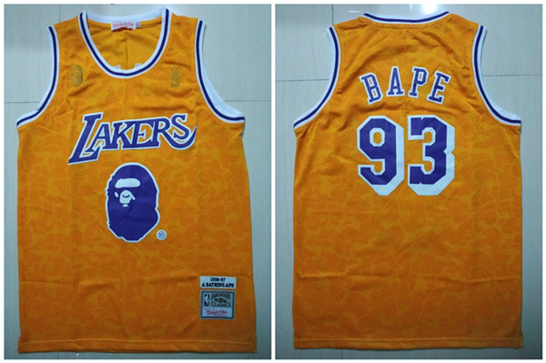 Lakers 93 Bape Yellow 1996 97 Hardwood Classics Jersey