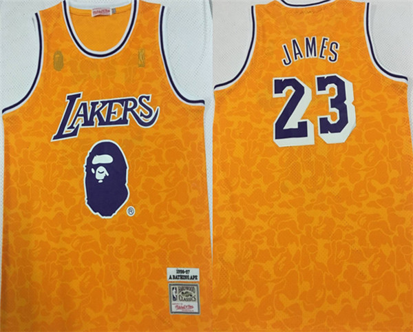 Lakers Bape 23 Lebron James Yellow 1996 97 Hardwood Classics Jersey