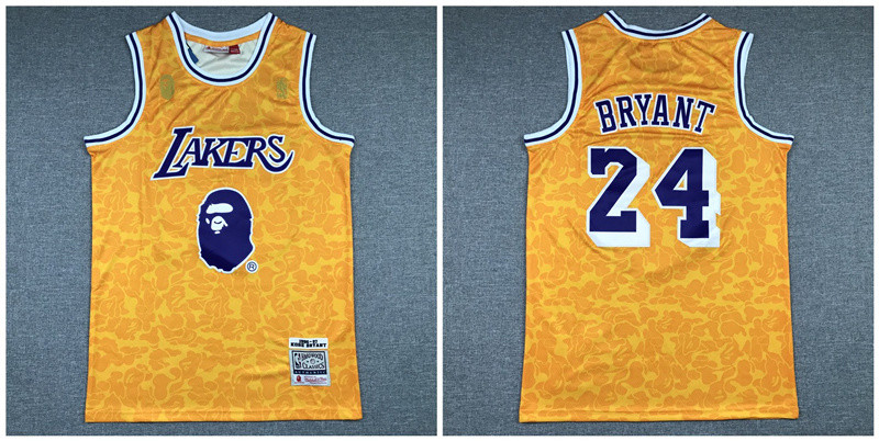 Lakers Bape 24 Kobe Bryant Yellow 1996 97 Hardwood Classics Jersey