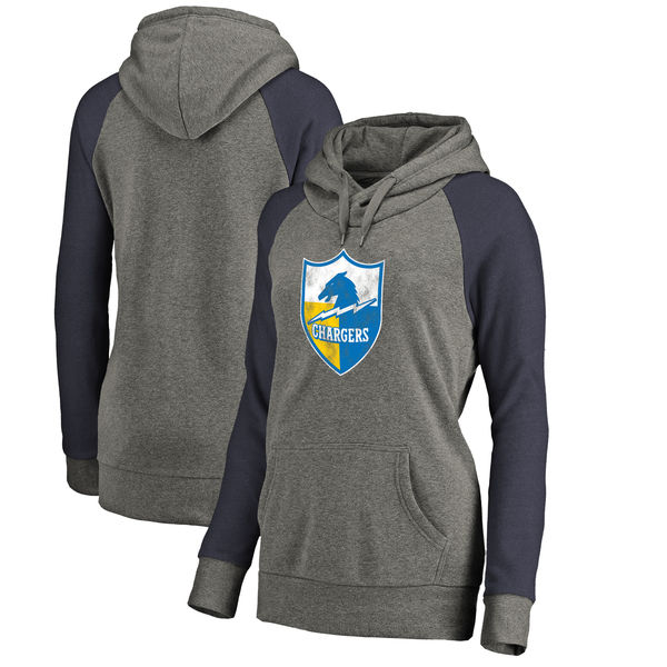 Los Angeles Chargers NFL Pro Line by Fanatics Branded Women's Throwback Logo Tri Blend Raglan Plus Size Pullover Hoodie Gray Navy