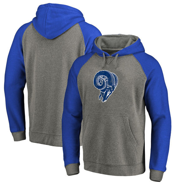 Los Angeles Rams NFL Pro Line by Fanatics Branded Throwback Logo Tri Blend Raglan Pullover Hoodie Gray Royal