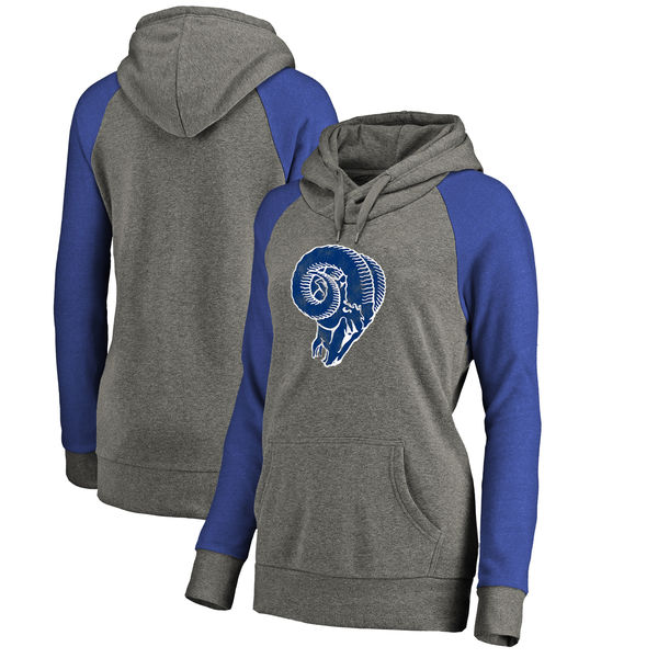 Los Angeles Rams NFL Pro Line by Fanatics Branded Women's Throwback Logo Tri Blend Raglan Plus Size Pullover Hoodie Gray Royal