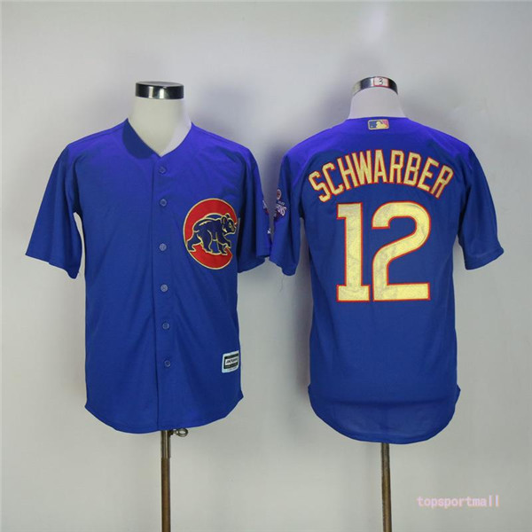 MLB Chicago Cubs 12 Kyle Schwarber Blue Gold Pinstripe Cool Base Baseball Jersey