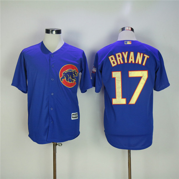 MLB Chicago Cubs 17 Kris Bryant Blue Gold Program Cool Base Baseball Jersey