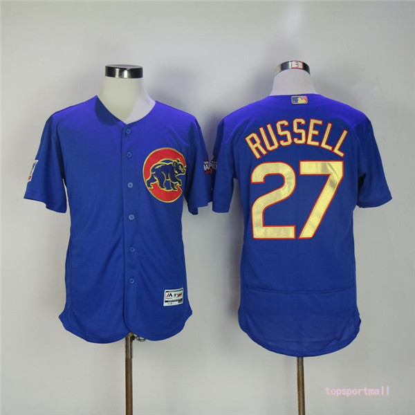 MLB Chicago Cubs 27 Addison Russell Blue Gold Pinstripe Flexbase Baseball Jersey