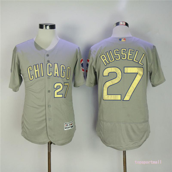 MLB Chicago Cubs 27 Addison Russell Gray Gold Pinstripe Flexbase Baseball Jersey