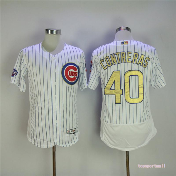 MLB Chicago Cubs 40 Willson Contreras White Gold Pinstripe Flexbase Baseball Jersey