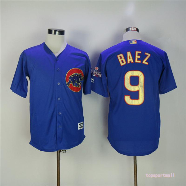 MLB Chicago Cubs 9 Javier Baez Blue Gold Pinstripe Cool Base Baseball Jersey