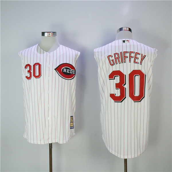 MLB Cincinnati Reds 30 Ken Griffey Jr. White Pinstripe Cool Base Baseball Jersey