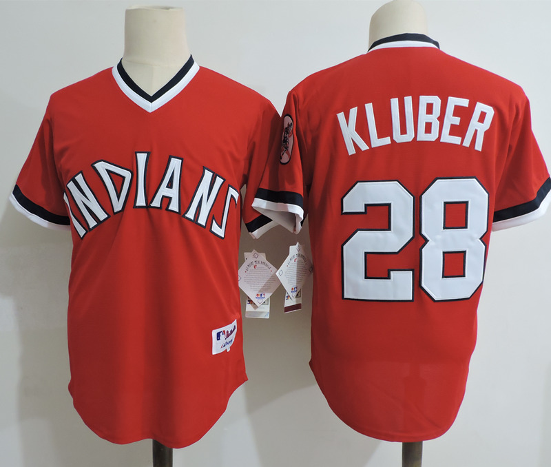 MLB Cleveland Indians #28 Corey Kluber Navy Cool Base Stitched Red Jersey