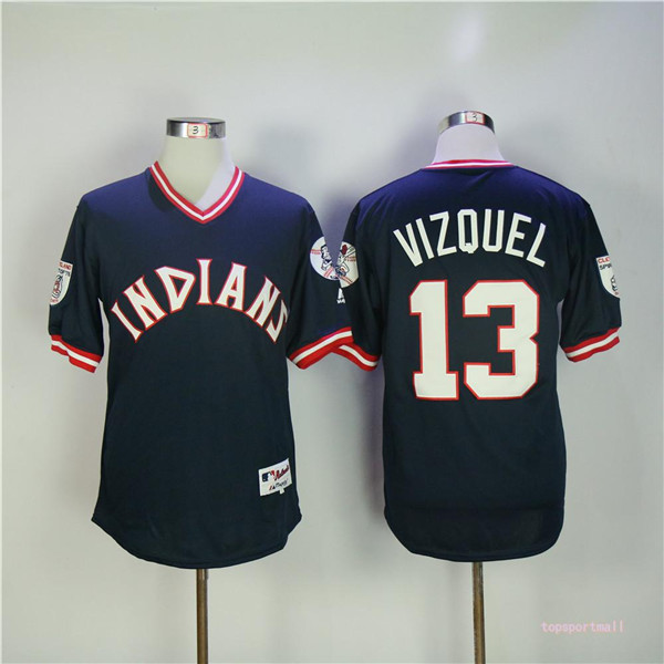 MLB Cleveland Indians 13 Omar Vizquel Navy Blue Pullover Cool Base Baseball Jerseys