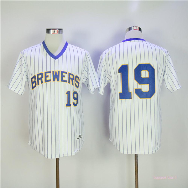 MLB Milwaukee Brewers 19 Robin Yount White Pinstripe Pullover Baseball Jerseys