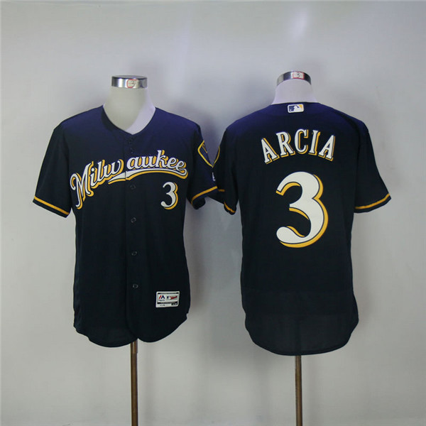 MLB Milwaukee Brewers 3 Orlando Arcia Navy Blue Pinstripe Flexbase Baseball Jersey