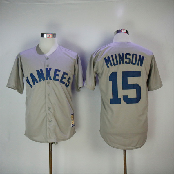 MLB New York Yankees 15 Thurman Munson Gray Throwback Cool Base Baseball Jerseys