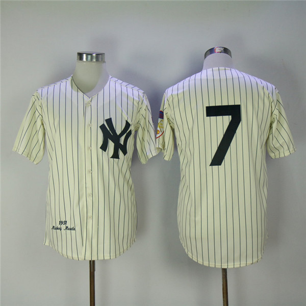 MLB New York Yankees 7 Mickey Mantle Biege 1951 Throwback Baseball Jerseys